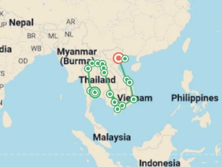 Map itinerary of Asia Tour in November 2026 with 17 destination visits for the trip: Ultimate South East Asia