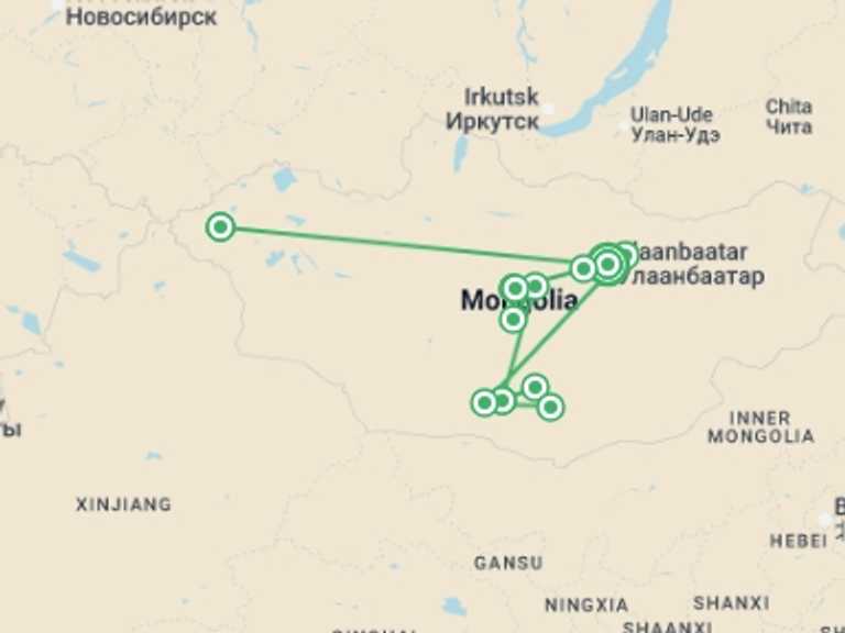Map of a Local culture Tour with 12 destination visits for the trip: Mongolia Golden Eagle Festival