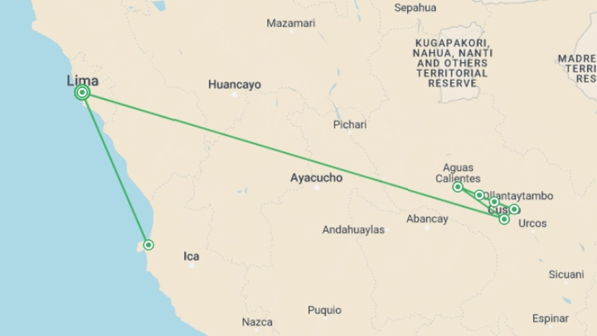 A map showing the tour itinerary for the trip: Wonders of Peru, starting in Lima, Peru and ending in Lima, Peru going through 5 other destinations.