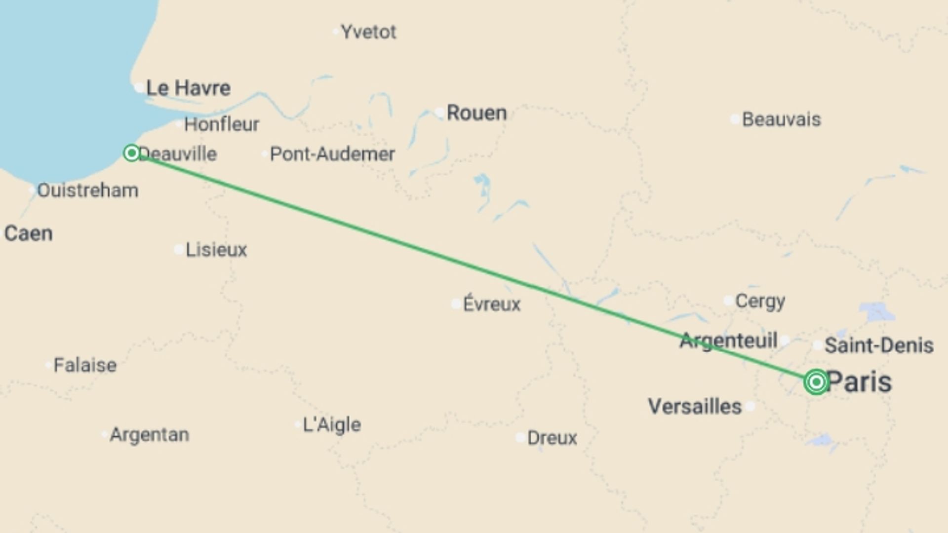 A map showing the tour itinerary for the trip: Paris and Normandy Short Break, starting in Paris, France and ending in Paris, France going through 1 other destinations.