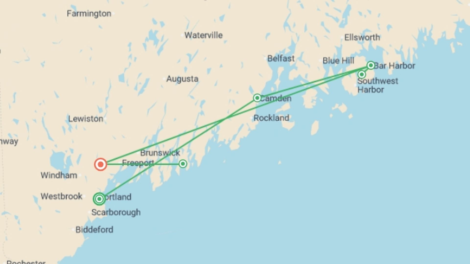 A map showing the tour itinerary for the trip: Roaming Coastal Maine featuring Portland, Acadia & Penobscot Bay, starting in Portland, ME, USA and ending in Freeport, USA going through 2 other destinations.