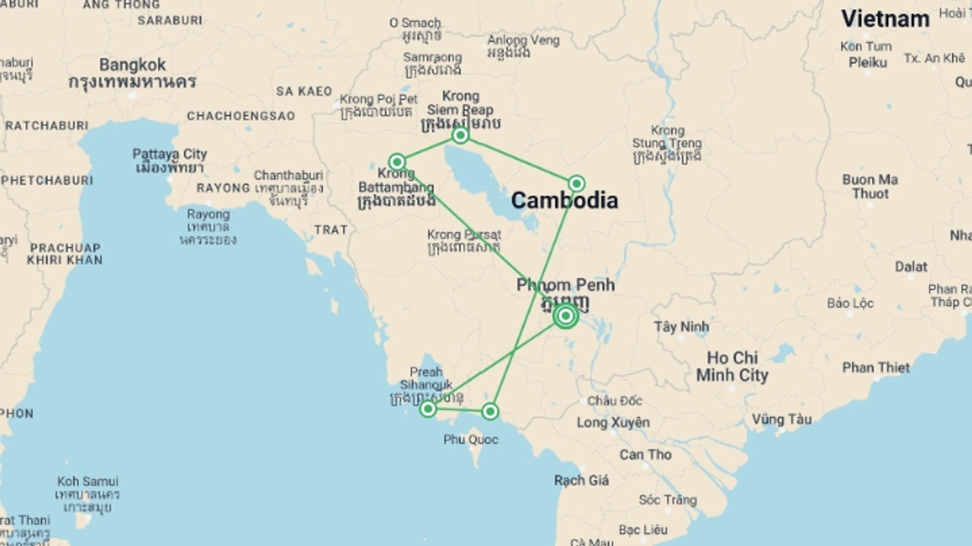 A map showing the tour itinerary for the trip: Best of Cambodia, starting in Phnom Penh, Cambodia and ending in Phnom Penh, Cambodia going through 5 other destinations.