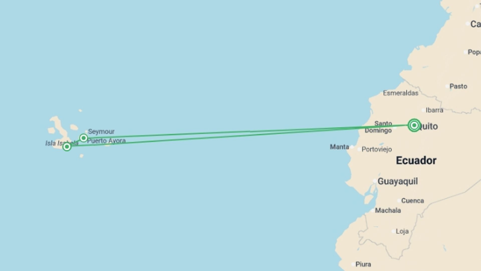 A map showing the tour itinerary for the trip: Galapagos Islands Family Adventure - 7 days, starting in Quito, Ecuador and ending in Quito, Ecuador going through 2 other destinations.