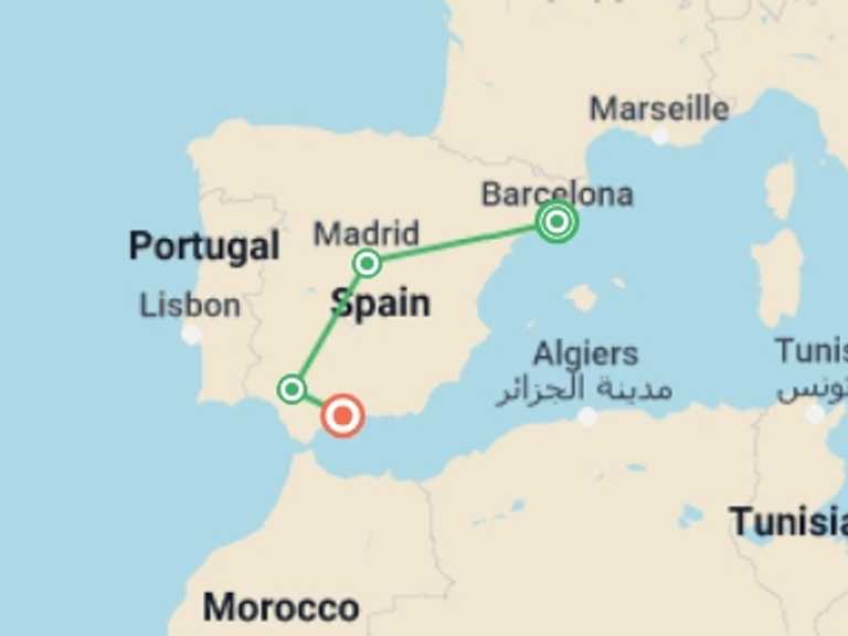 Map itinerary of Madrid Tour in September 2027 with 4 destination visits for the trip: Highlights of Spain by Rail