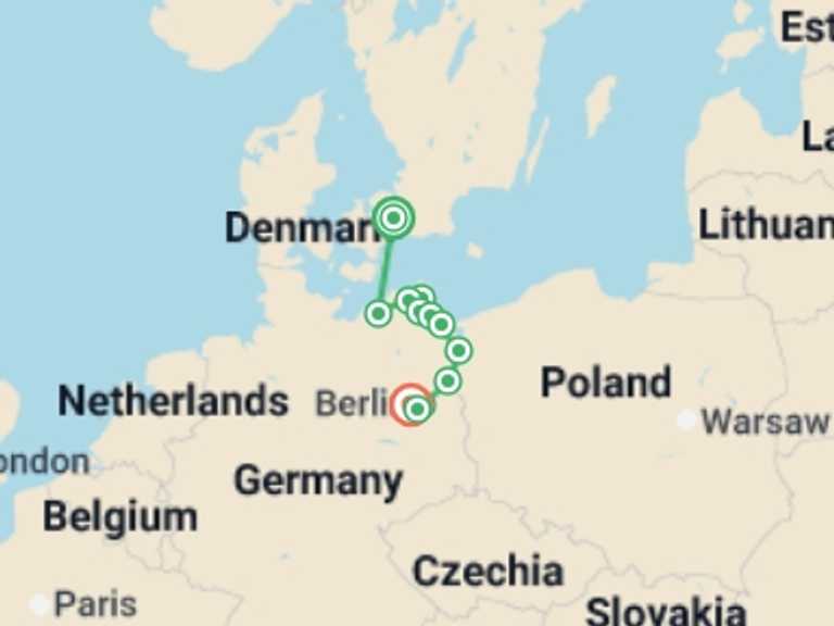 Map itinerary of Scandinavia Tour in Fall with 8 destination visits for the trip: From Copenhagen to Berlin: The Baltic Sea and the Oder and Havel Rivers (port-to-port cruise)
