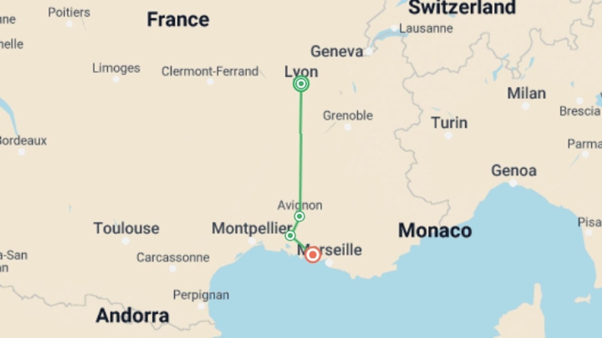 A map showing the tour itinerary for the trip: Enchanting Provence Rhone and Saone Cruise, starting in Lyon, France and ending in Martigues, France going through 2 other destinations.