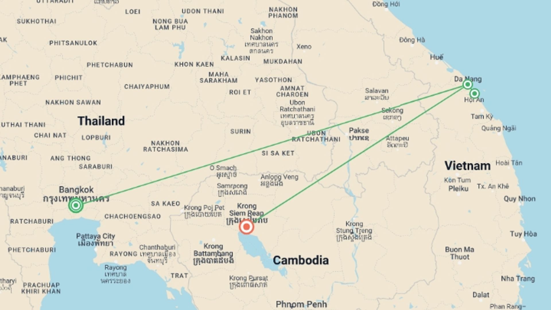 A map showing the tour itinerary for the trip: Discover the Best of Southeast Asia: Bangkok to Siem Reap, starting in Bangkok, Thailand and ending in Siem Reap, Cambodia going through 2 other destinations.