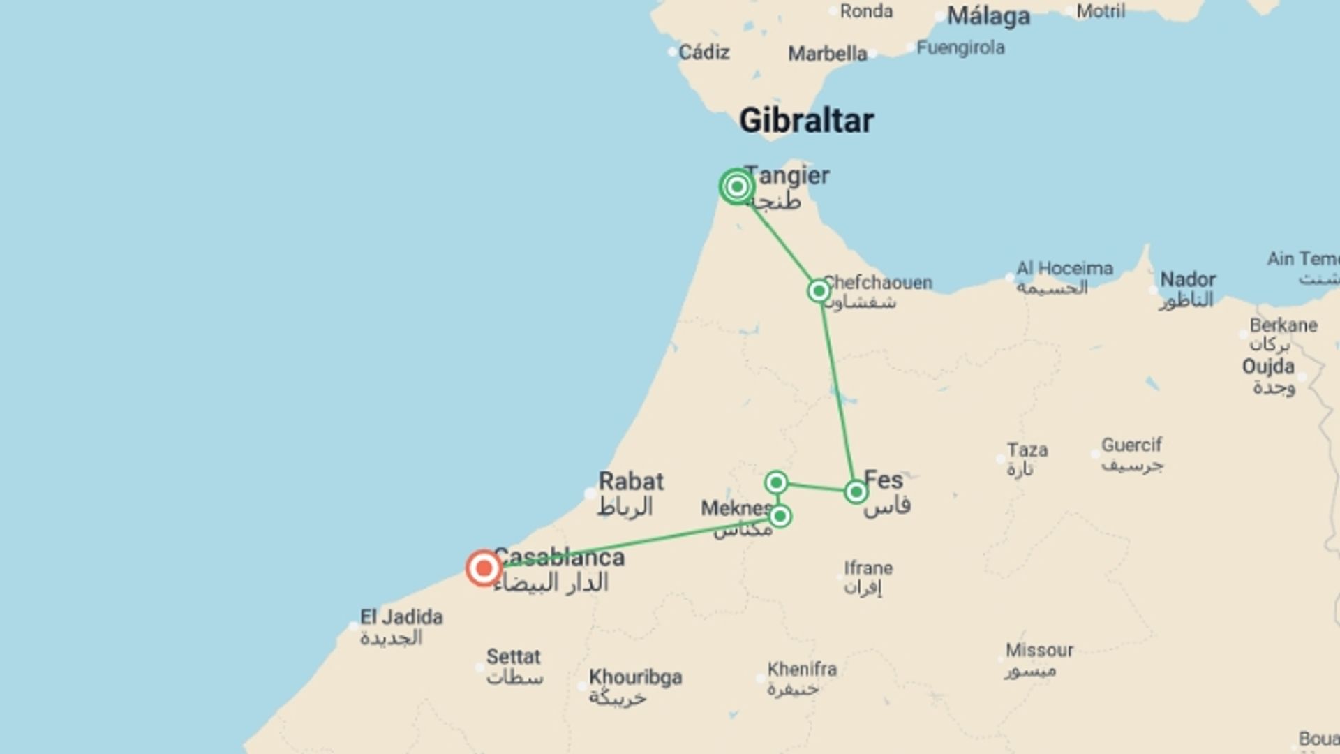 A map showing the tour itinerary for the trip: Tangier to Casablanca - 6 days, starting in Tangier, Morocco and ending in Casablanca, Morocco going through 2 other destinations.