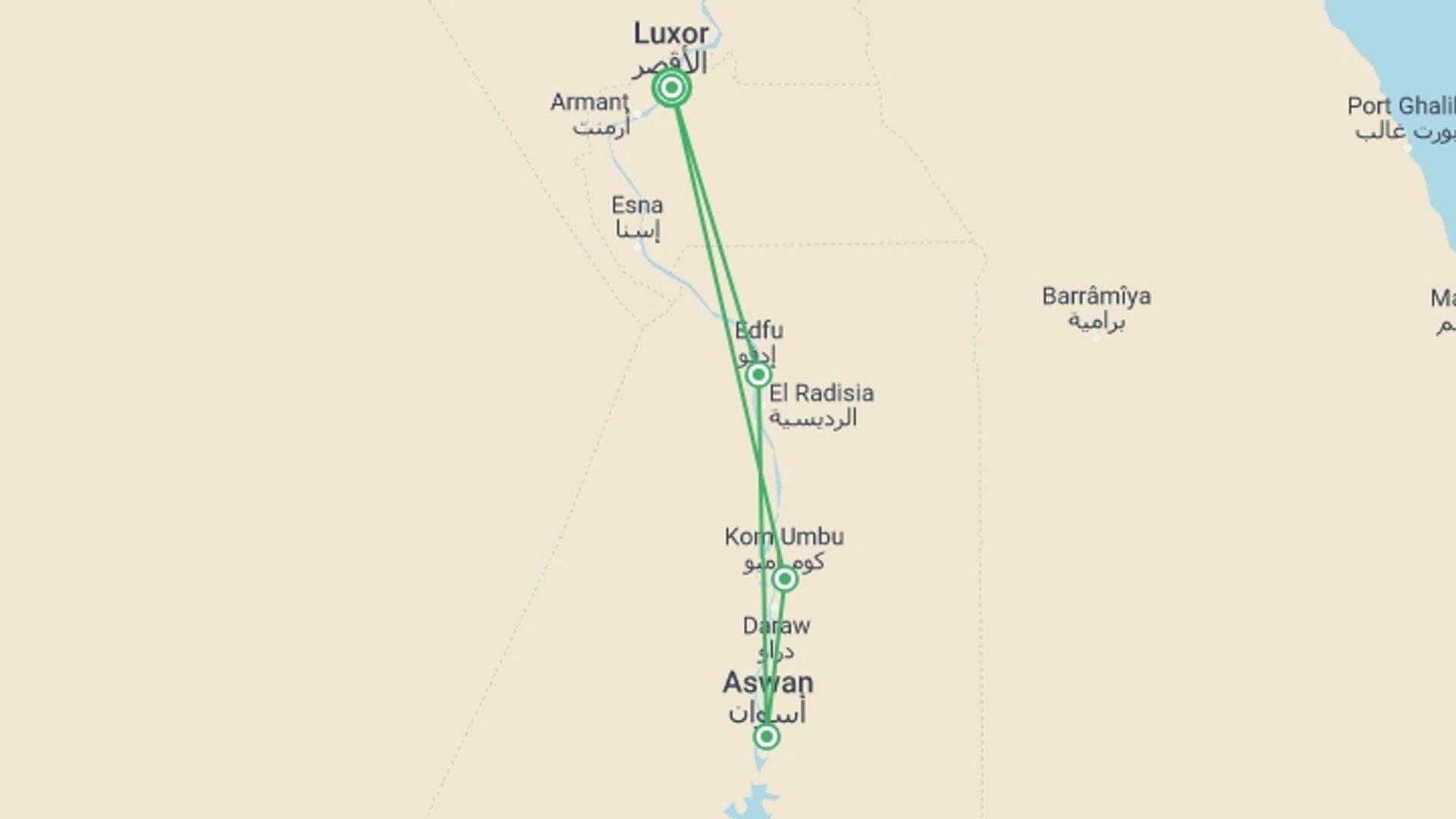A map showing the tour itinerary for the trip: Cruise on the Nile: The Land of the Pharaohs (port-to-port cruise), starting in Luxor, Egypt and ending in Luxor, Egypt going through 3 other destinations.