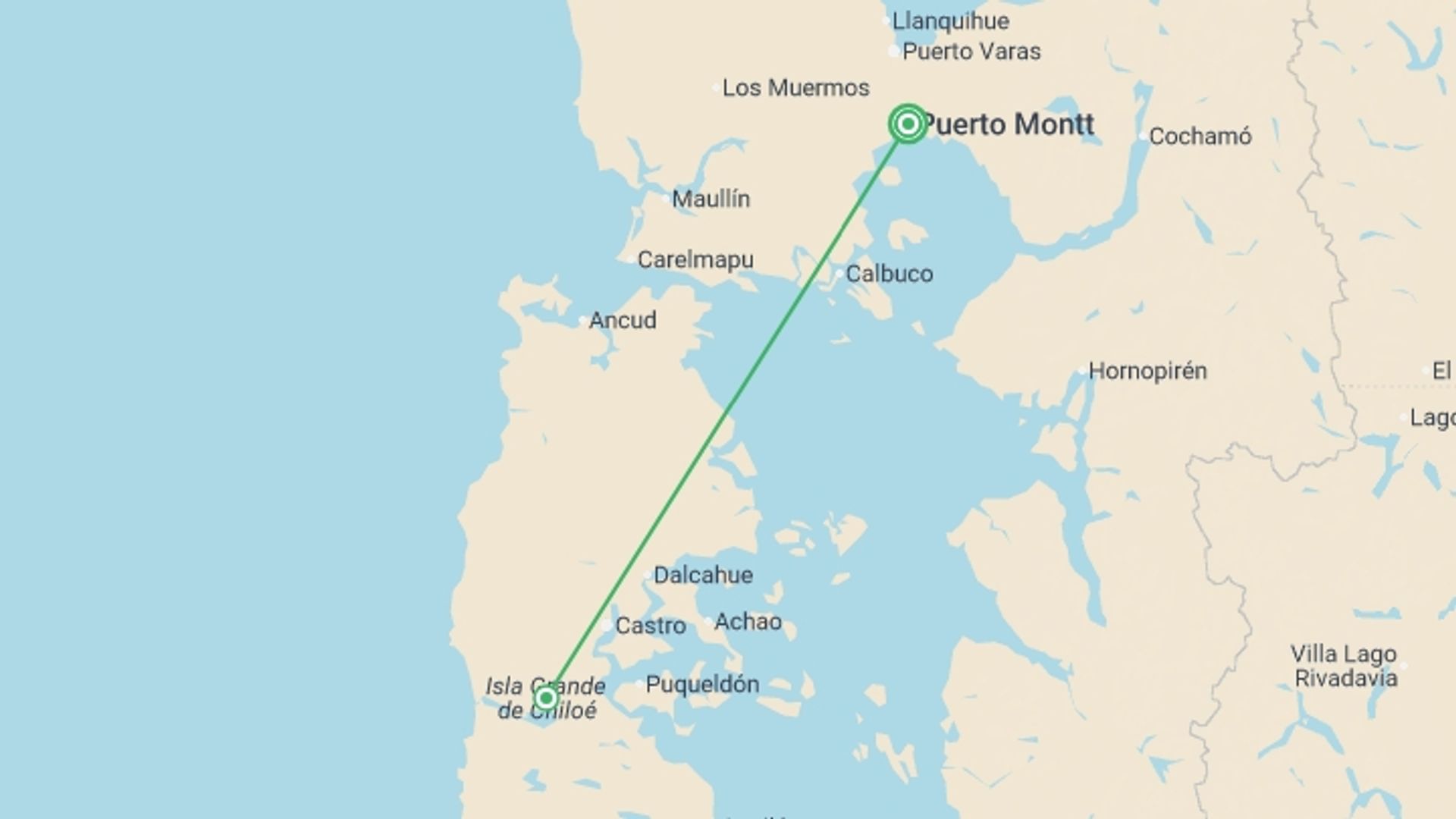 A map showing the tour itinerary for the trip: 5-Day Tour Chile & North Patagonia, starting in Puerto Montt, Chile and ending in Puerto Montt, Chile going through 2 other destinations.