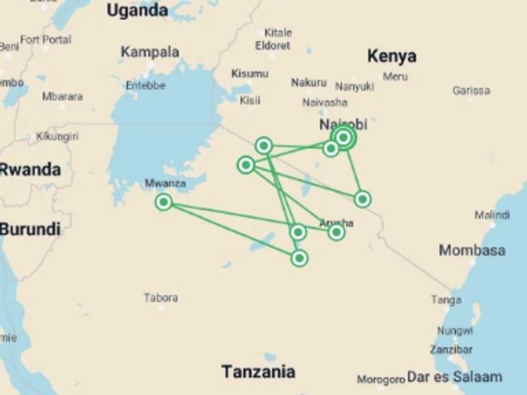 Map itinerary of Kenya Tour in Spring with 9 destination visits for the trip: Kenya & Tanzania Wildlife Discoverer