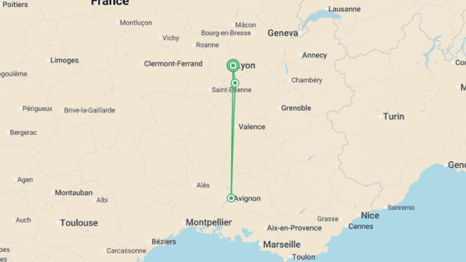 A map showing the tour itinerary for the trip: Provençal New Year's Eve in the Rhône Valley (port-to-port cruise), starting in Lyon, France and ending in Lyon, France going through 3 other destinations.