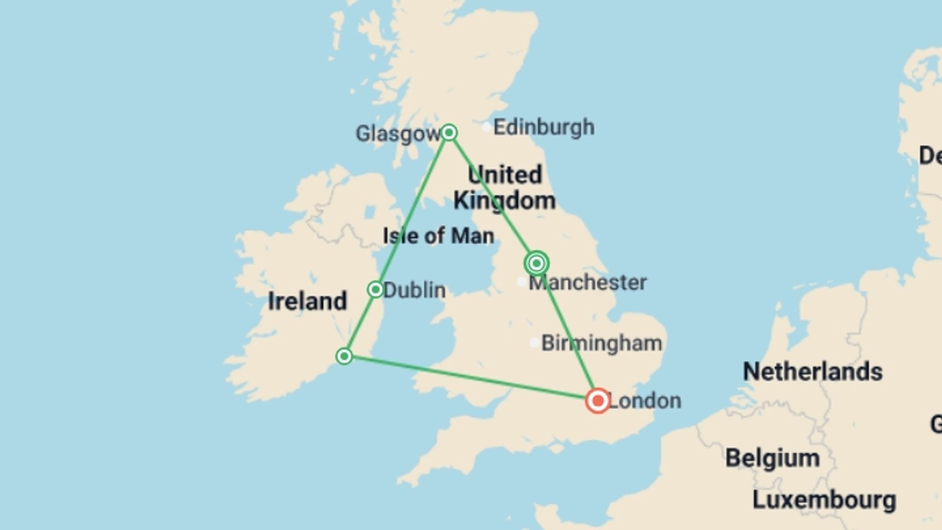 A map showing the tour itinerary for the trip: Britain and Ireland Delight, starting in Bradford, England and ending in London, England going through 3 other destinations.