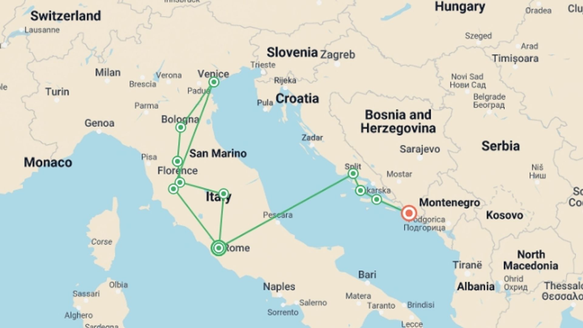 A map showing the tour itinerary for the trip: Best of Italy and Croatia, starting in Rome, Italy and ending in Dubrovnik, Croatia going through 4 other destinations.