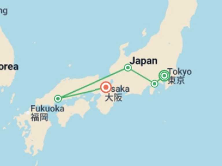 Map itinerary of Asia Tour in April 2027 with 5 destination visits for the trip: Premium Japan