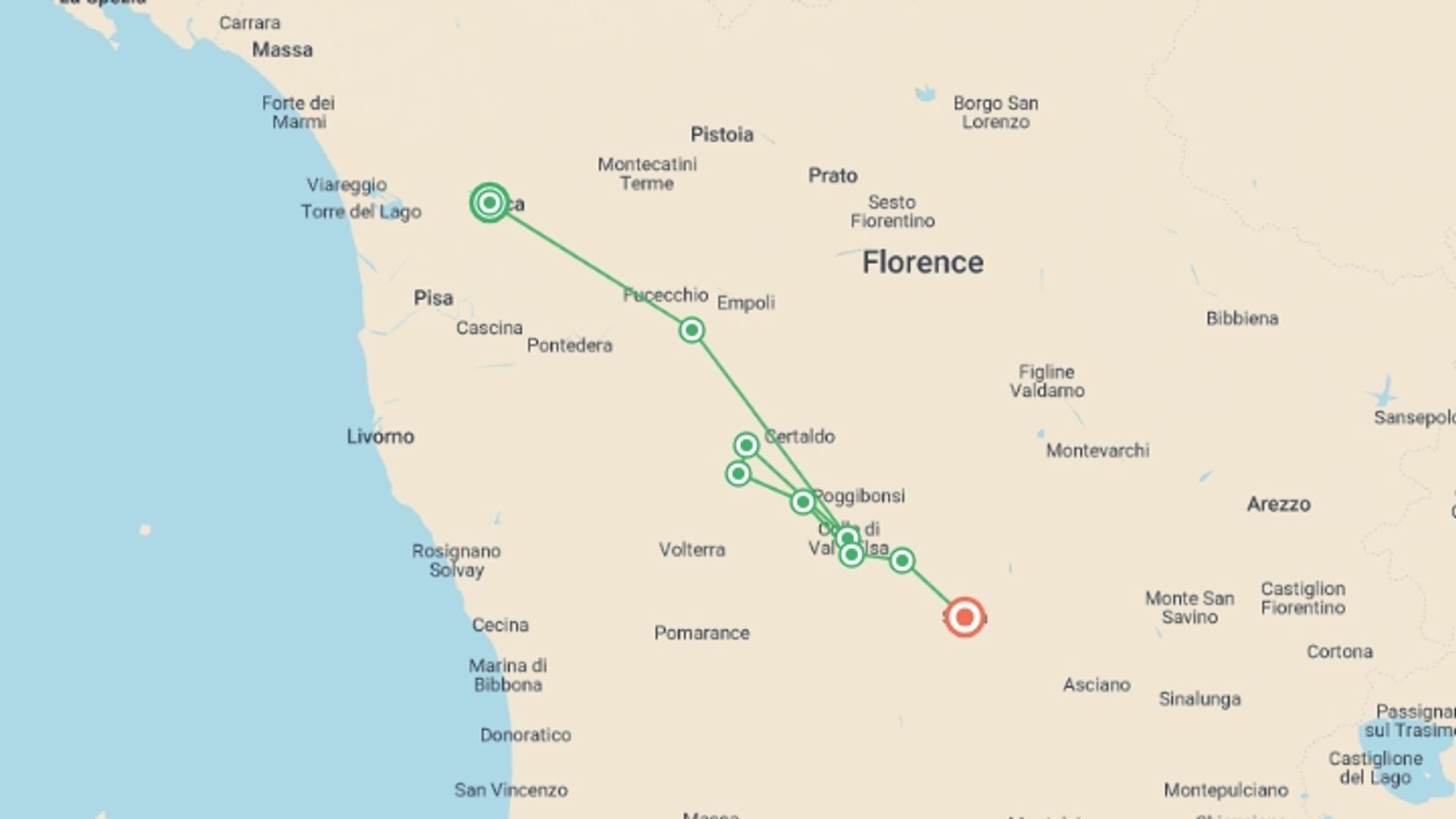A map showing the tour itinerary for the trip: Via Francigena: Lucca to Siena, starting in Lucca, Italy and ending in Siena, Italy going through 5 other destinations.
