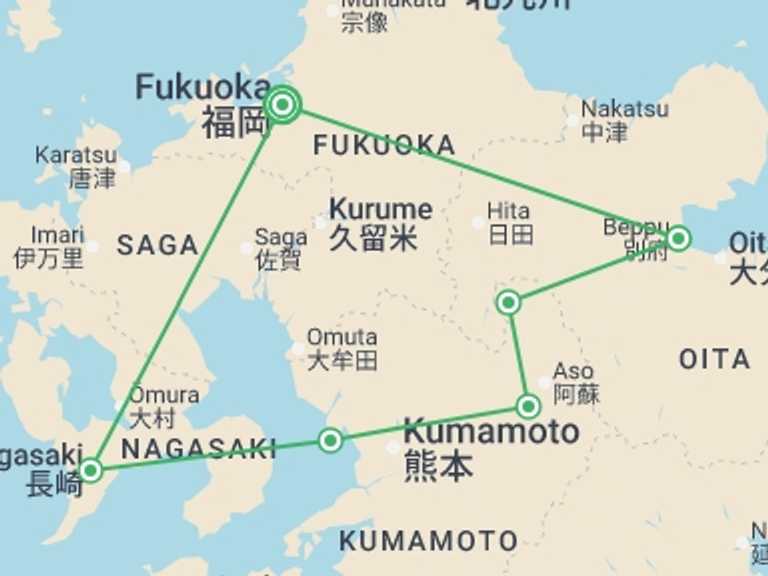 Map itinerary of Asia Tour in September 2026 with 6 destination visits for the trip: Highlights of Japan - Kyushu Island