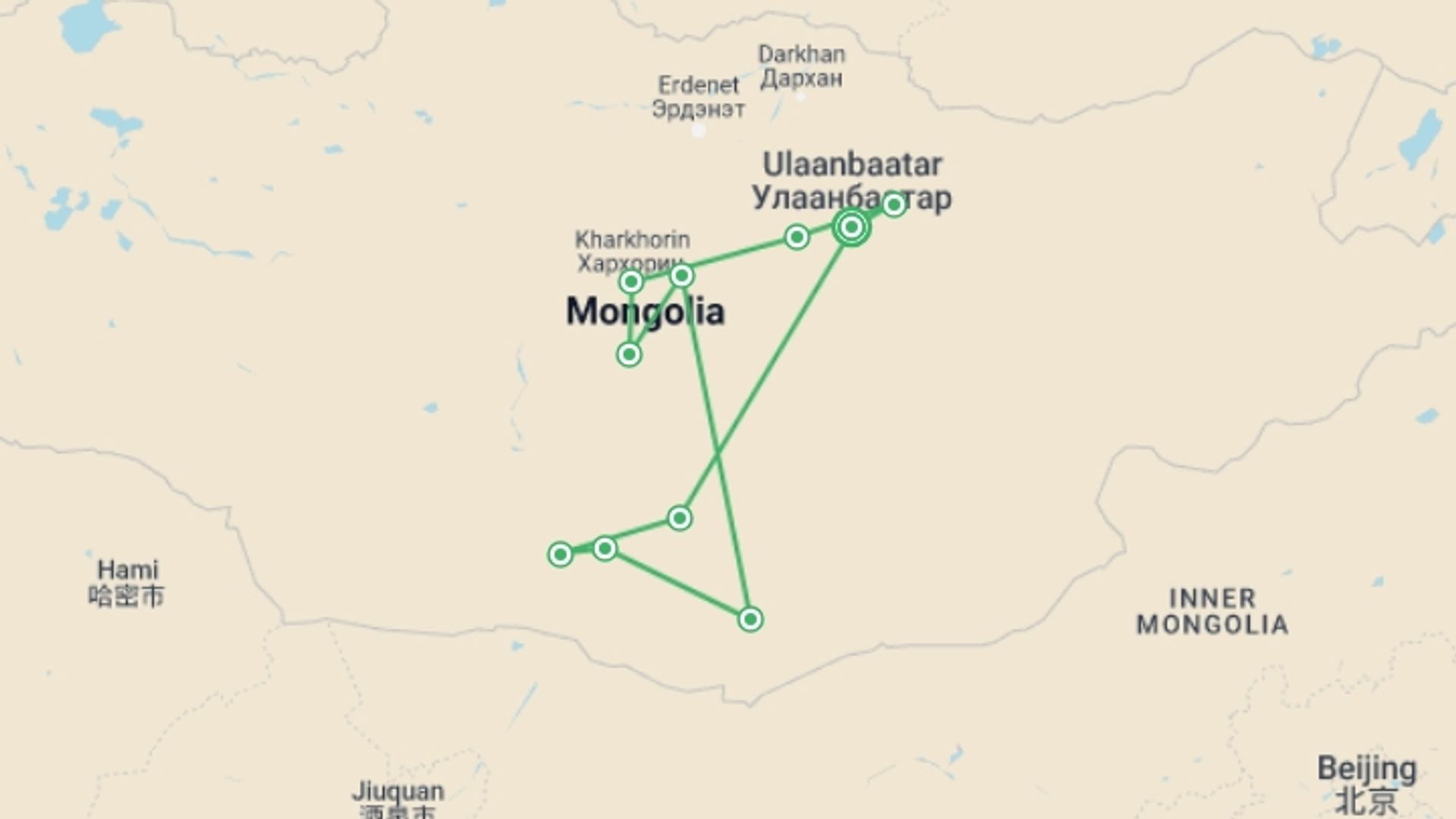 A map showing the tour itinerary for the trip: Discover Mongolia - Naadam Festival, starting in Ulaanbaatar, Mongolia and ending in Ulaanbaatar, Mongolia going through 11 other destinations.
