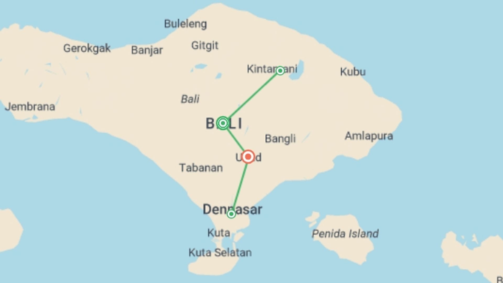 A map showing the tour itinerary for the trip: Picturesque Solo Bali And Ubud Tour, starting in Bali, Indonesia and ending in Ubud, Indonesia going through 2 other destinations.