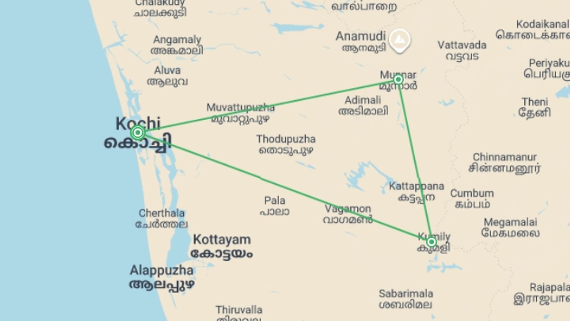 A map showing the tour itinerary for the trip: A Taste of Southern India - Temples and Tea Plantations, starting in Kochi, India and ending in Kochi, India going through 3 other destinations.