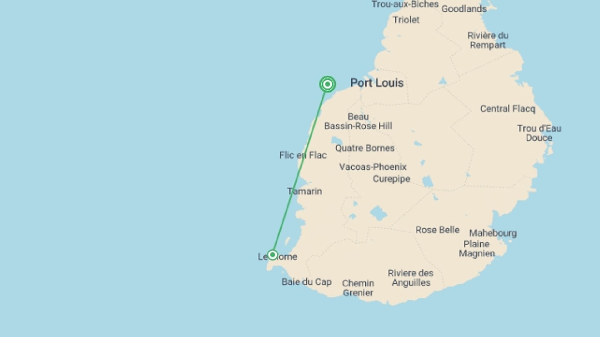 A map showing the tour itinerary for the trip: North and South Island Explorer Package, starting in Port Louis, Mauritius and ending in Port Louis, Mauritius going through 5 other destinations.