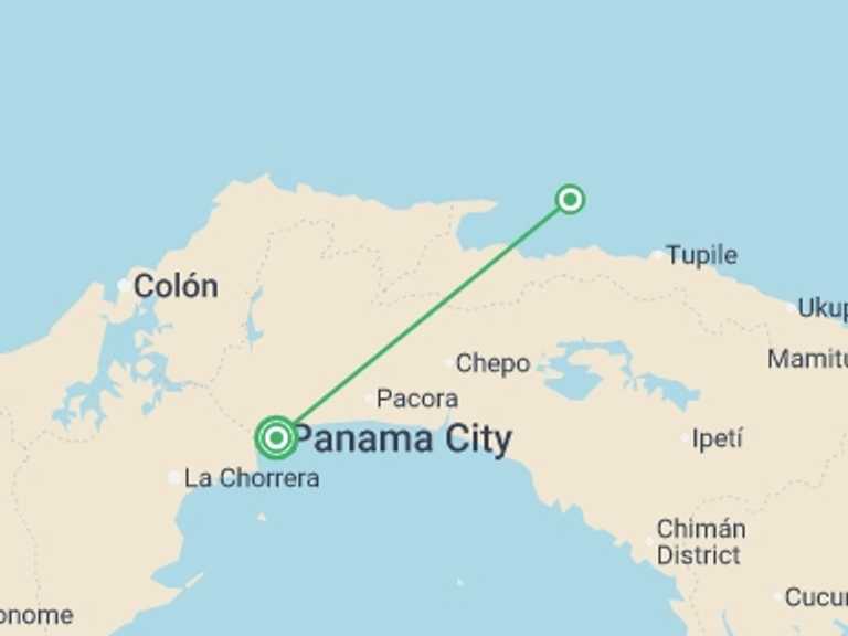 Map itinerary of North America Tour in May 2027 with 2 destination visits for the trip: Panama: Sandy Beaches & San Blas Sunsets