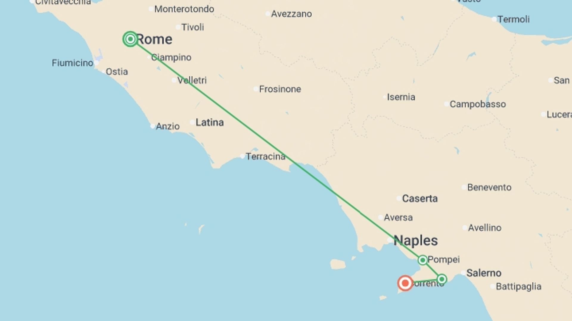 A map showing the tour itinerary for the trip: Italy Family Holiday, starting in Rome, Italy and ending in Sorrento, Italy going through 3 other destinations.
