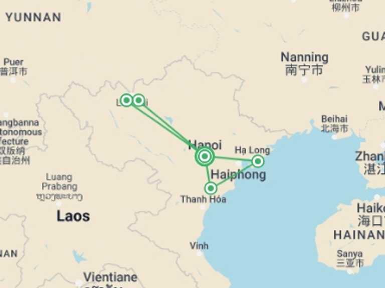 Map itinerary of Hanoi Tour in July 2026 with 5 destination visits for the trip: Hanoi And Red River Delta 8 Days 7 Nights