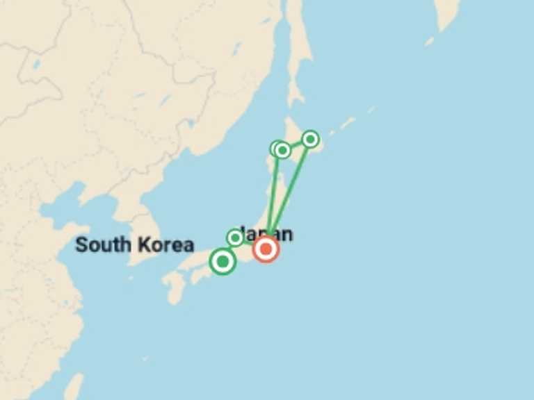 Map itinerary of Asia Tour in January 2027 with 7 destination visits for the trip: Japan Winter Adventure