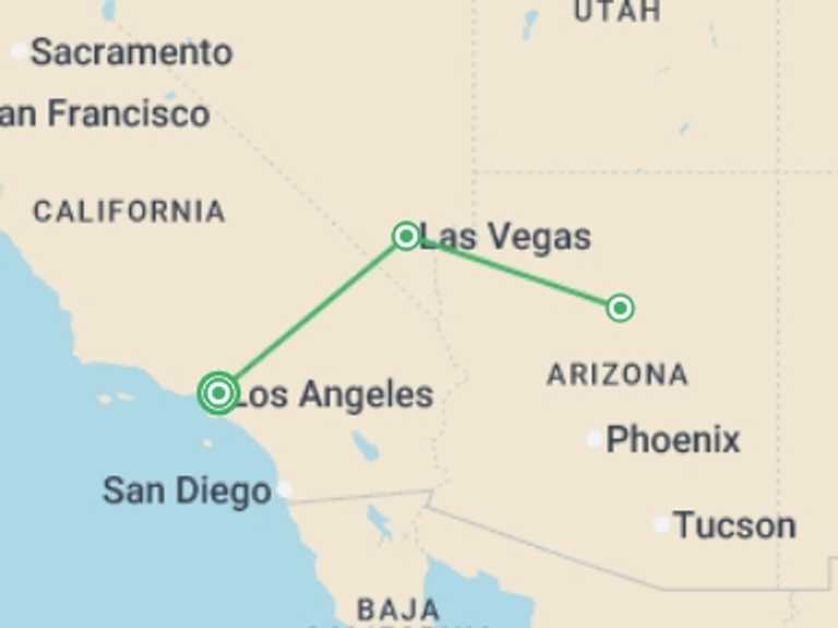 Map itinerary of USA Tour in March 2027 with 3 destination visits for the trip: Los Angeles, Las Vegas, and the Grand Canyon, Ending in LAX