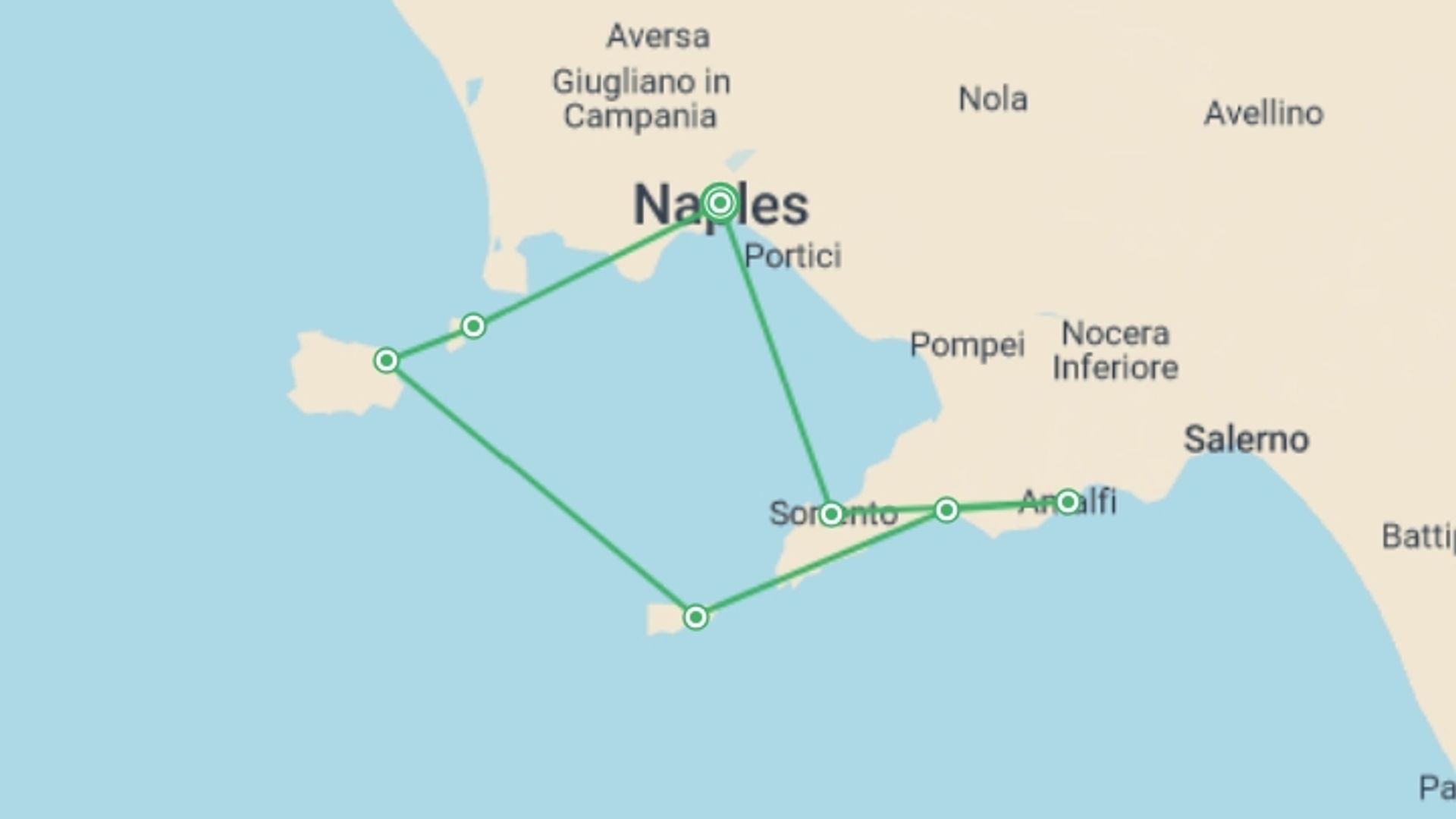 A map showing the tour itinerary for the trip: Sailing the Amalfi Coast: Capri, Positano & Coastal Bliss, starting in Naples, Italy and ending in Naples, Italy going through 6 other destinations.