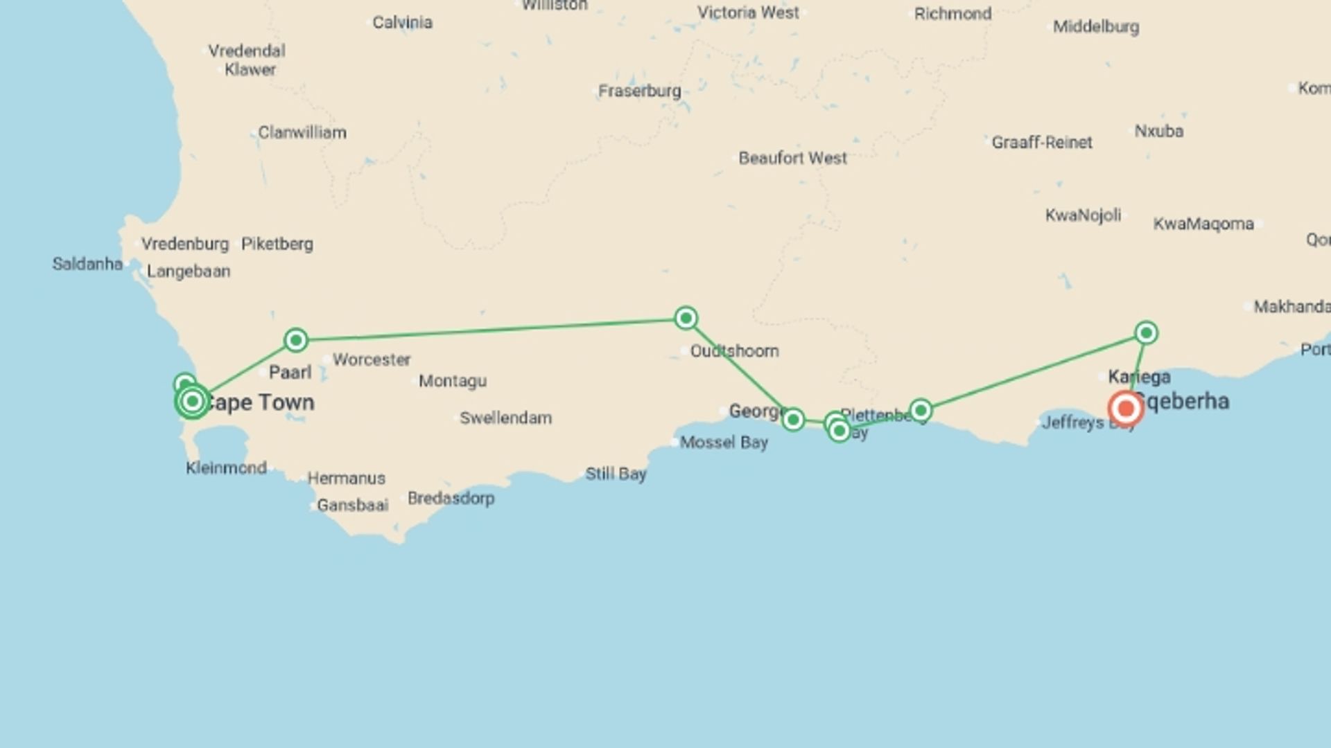 A map showing the tour itinerary for the trip: Family South Africa’s Garden Route and Safari, starting in Cape Town, South Africa and ending in Port Elizabeth, South Africa going through 7 other destinations.