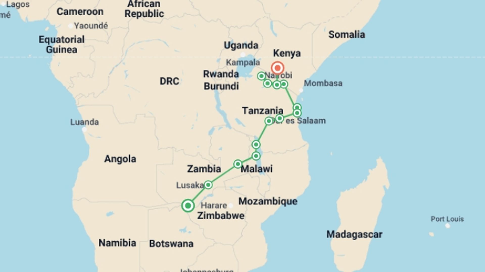 A map showing the tour itinerary for the trip: 21-day Victoria Falls to Serengeti Accommodated, starting in Livingstone, Zambia and ending in Nairobi, Kenya going through 14 other destinations.