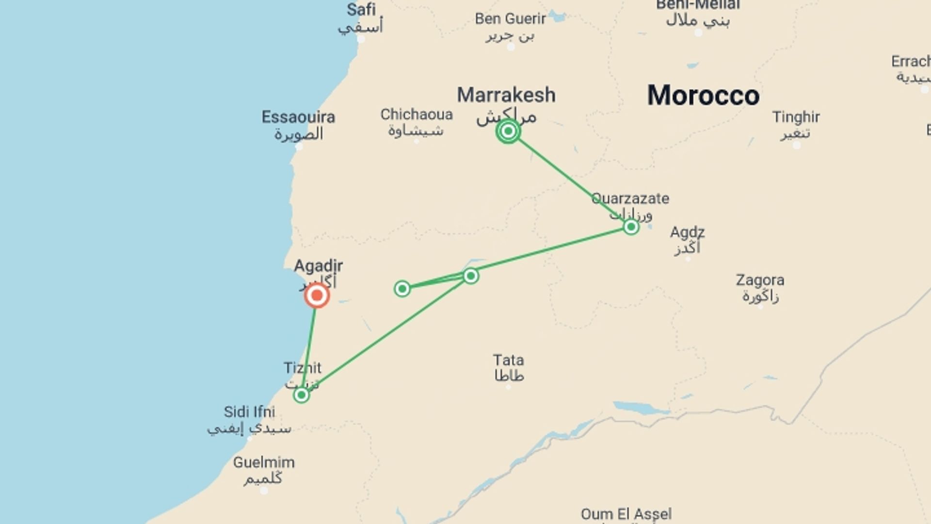 A map showing the tour itinerary for the trip: Oasis Of The South, Self-drive, starting in Marrakech, Morocco and ending in Agadir, Morocco going through 3 other destinations.