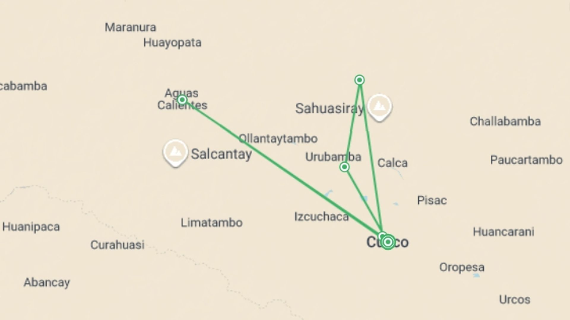 A map showing the tour itinerary for the trip: Lares Trek to Machu Picchu, starting in Cusco, Peru and ending in Cusco, Peru going through 5 other destinations.