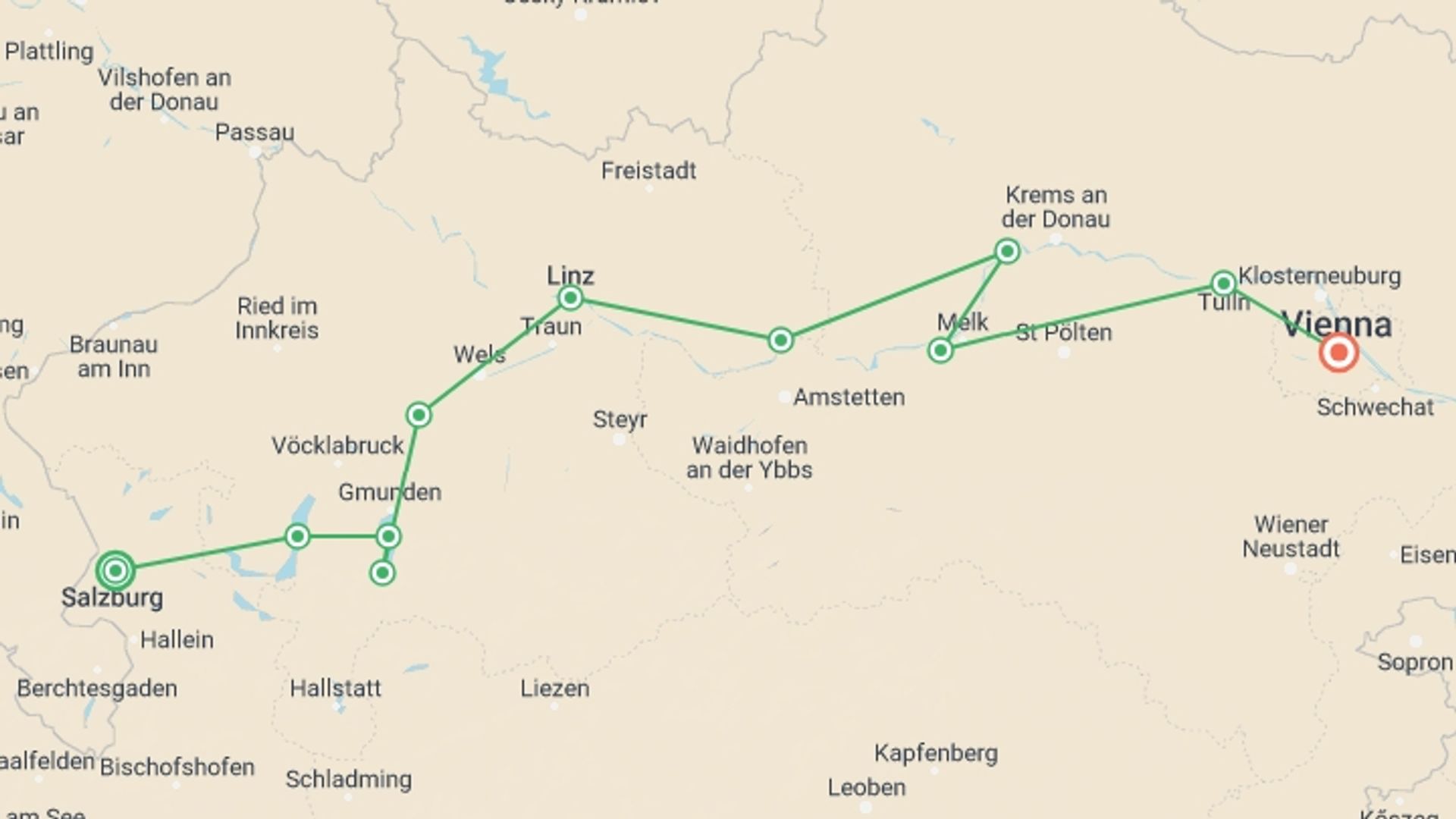 A map showing the tour itinerary for the trip: Salzburg to Vienna Cycle, starting in Salzburg, Austria and ending in Vienna, Austria going through 5 other destinations.