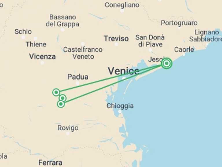 Map itinerary of Venice Tour in September 2026 with 6 destination visits for the trip: Walking in the Venetian Hills