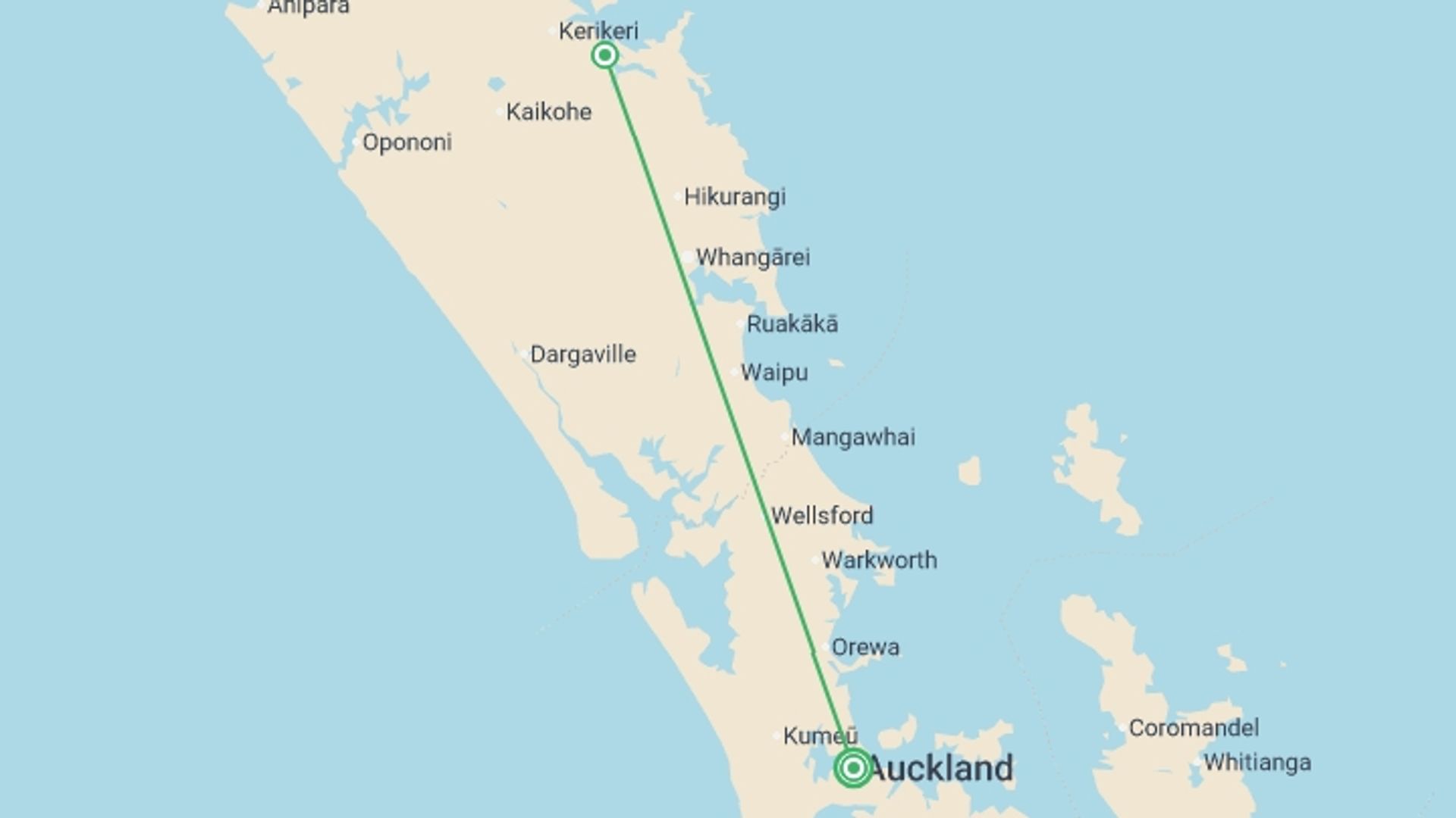 A map showing the tour itinerary for the trip: Bay of Islands Explorer, starting in Auckland, New Zealand and ending in Auckland, New Zealand going through 1 other destinations.