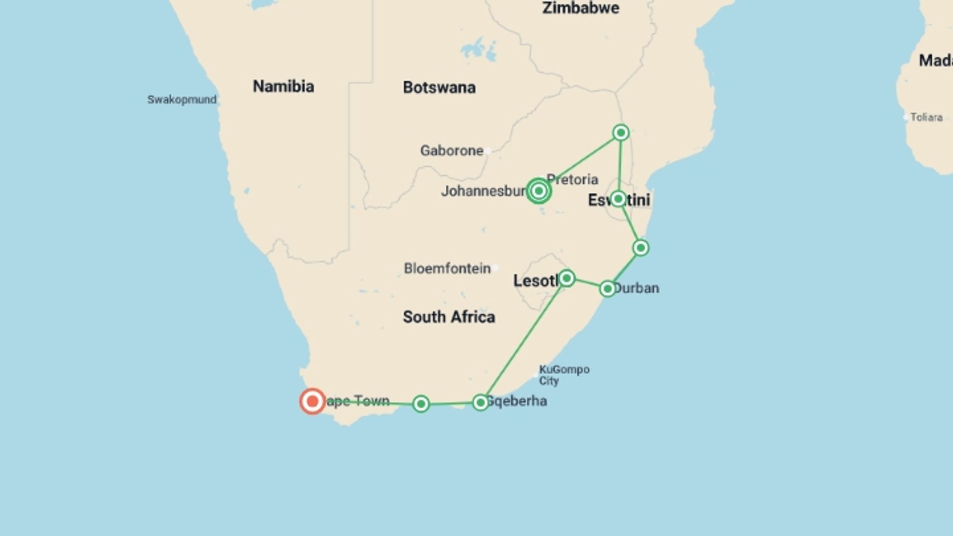 A map showing the tour itinerary for the trip: South Africa In Depth, starting in Johannesburg, South Africa and ending in Cape Town, South Africa going through 6 other destinations.