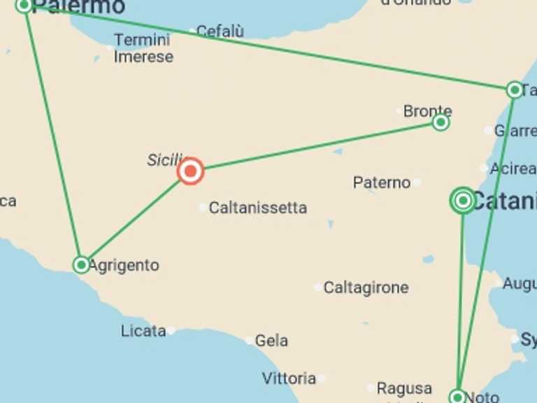 Map itinerary of Mediterranean Tour in July 2026 with 7 destination visits for the trip: Treasures of Sicily