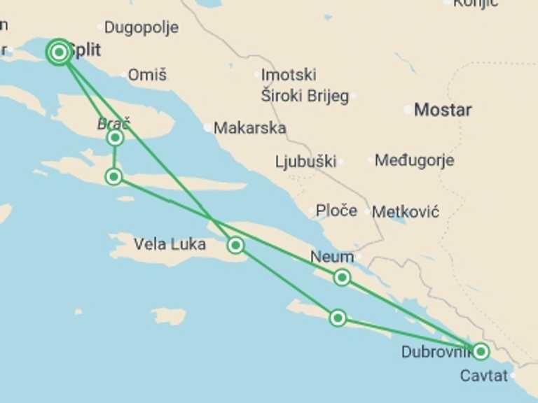 Map itinerary of Mediterranean Tour in April 2026 with 7 destination visits for the trip: Creme de la Croatia (Deluxe) - 8 days