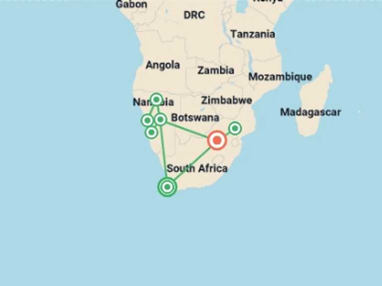 Map of Kruger National Park National parks Tour with 7 destination visits for the trip: Namibia and South Africa