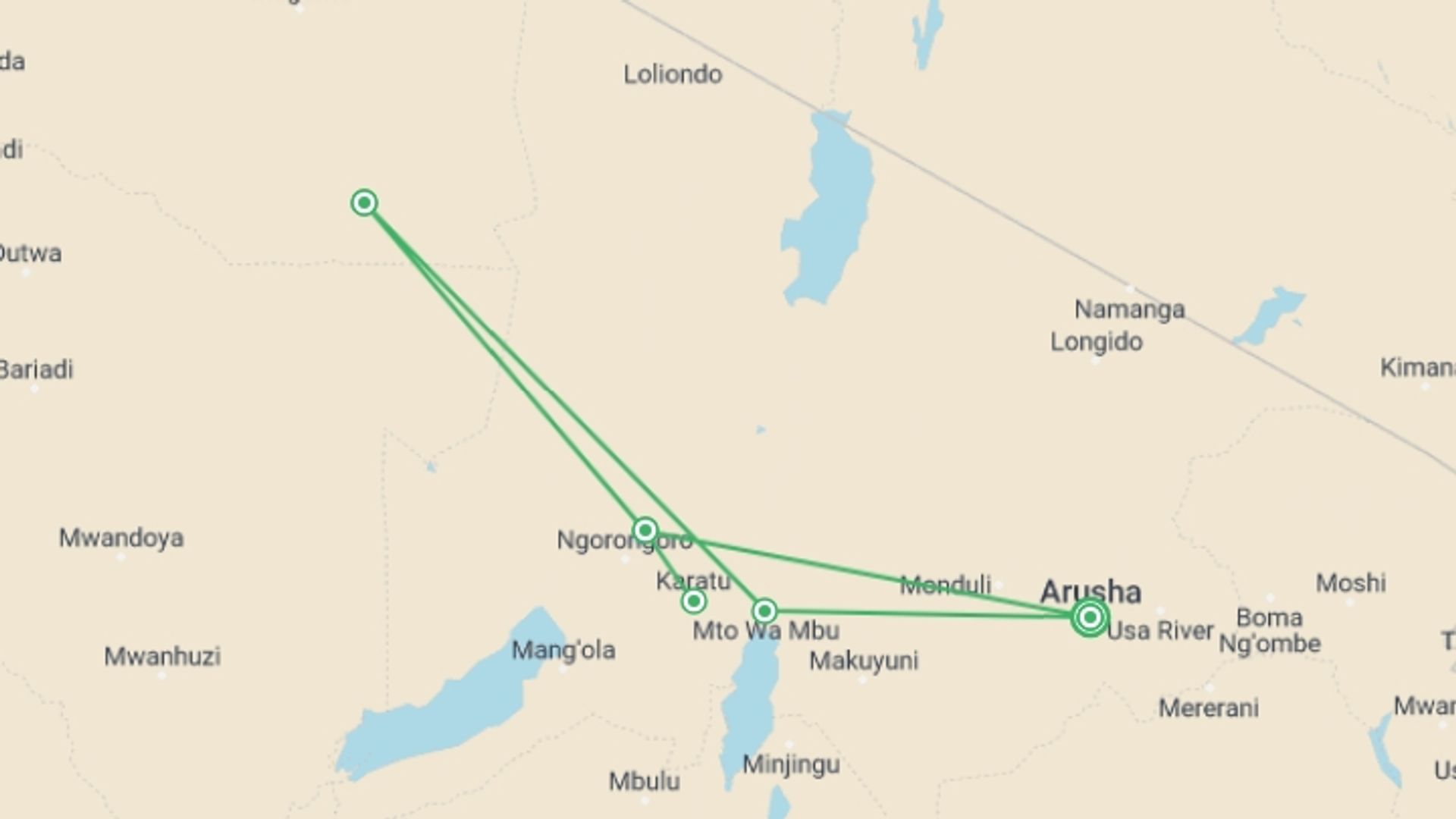 A map showing the tour itinerary for the trip: Tanzania Family Journey: A Serengeti Safari, starting in Arusha, Tanzania and ending in Arusha, Tanzania going through 4 other destinations.