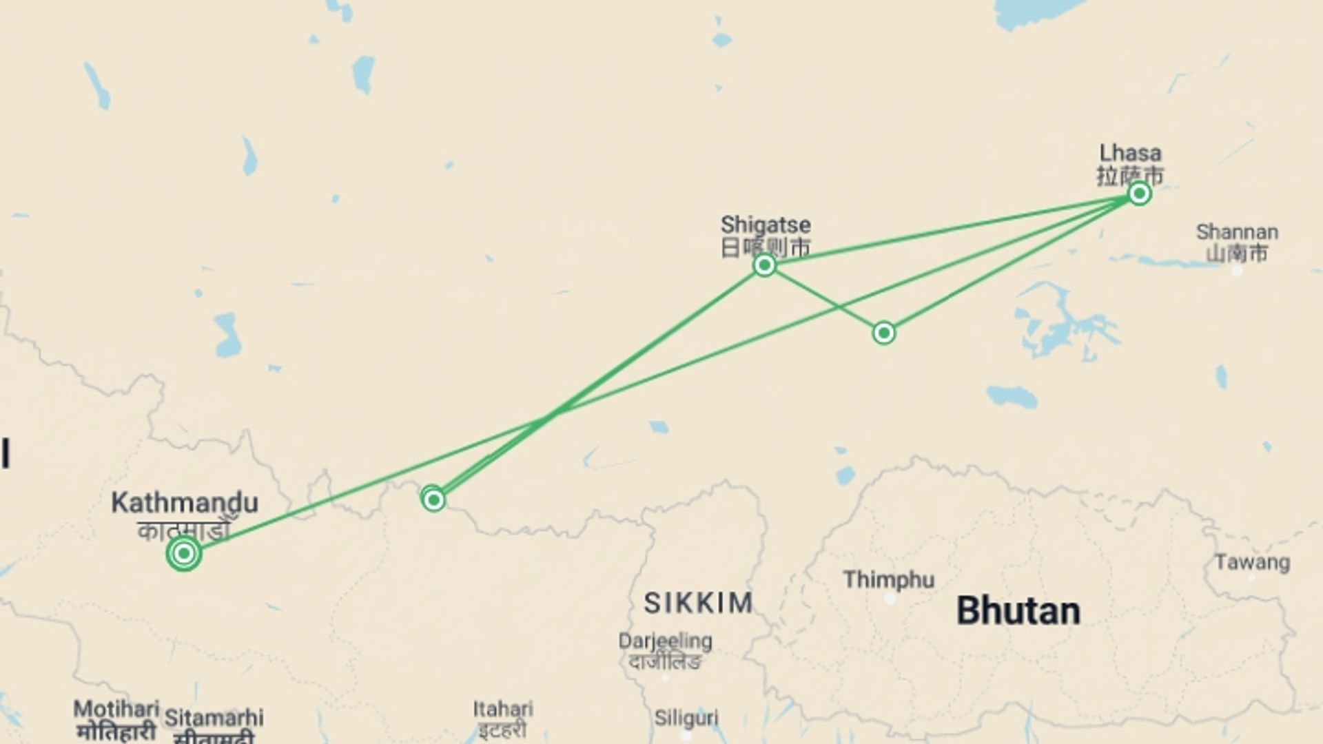 A map showing the tour itinerary for the trip: Tibetan Highlight: Lhasa Everest Base Camp Tour, starting in Kathmandu, Nepal and ending in Kathmandu, Nepal going through 4 other destinations.