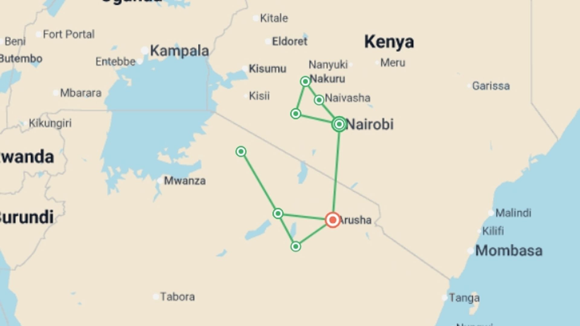 A map showing the tour itinerary for the trip: Premium Kenya & Tanzania, starting in Nairobi, Kenya and ending in Arusha, Tanzania going through 5 other destinations.