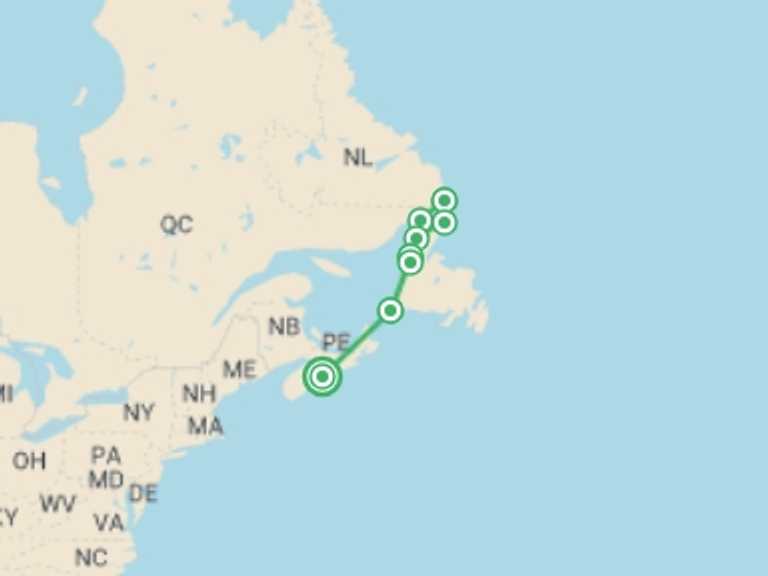 Map of Canada Tour with 7 destination visits for the trip: Newfoundland & Labrador to Battle Harbour - 10 days