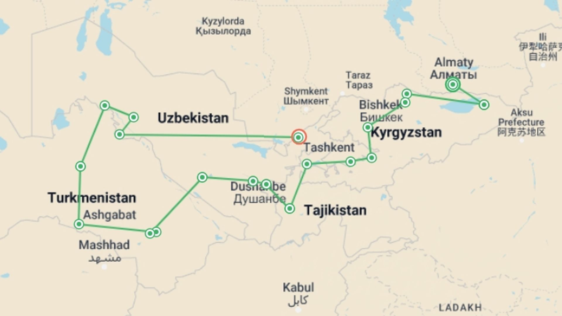 A map showing the tour itinerary for the trip: Five Golden Stans , starting in Almaty, Kazakhstan and ending in Tashkent, Uzbekistan going through 18 other destinations.