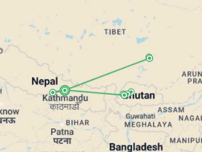 Map itinerary of Thimphu Tour in June 2026 with 8 destination visits for the trip: Nepal Tibet Bhutan Tour