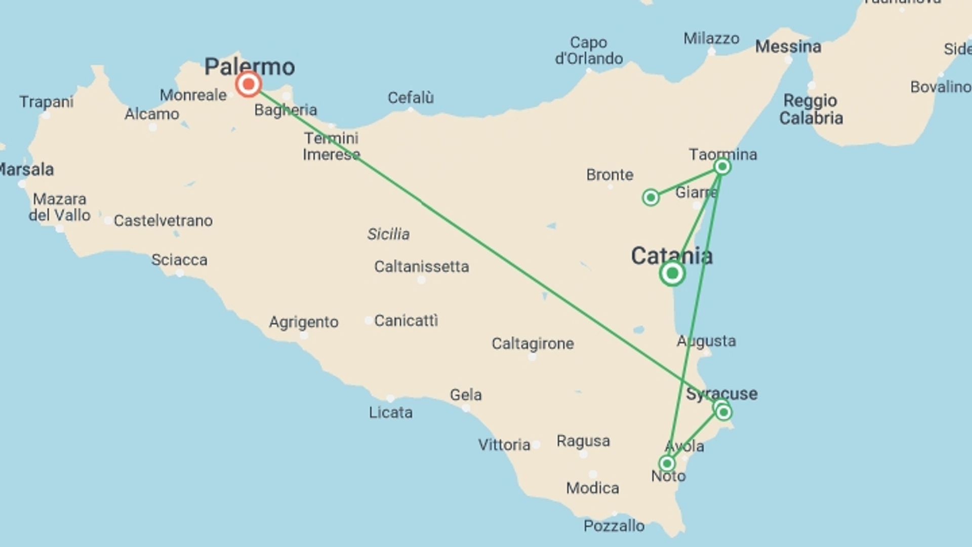 A map showing the tour itinerary for the trip: Small Group Food & Wine Tour of Sicily, starting in Catania, Italy and ending in Palermo, Italy going through 3 other destinations.