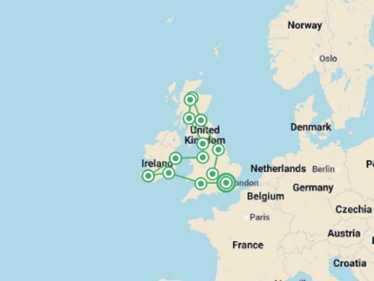Map itinerary of Europe Tour in July 2026 with 10 destination visits for the trip: Britain & Ireland Explorer